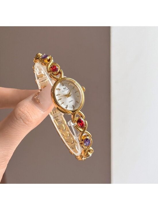 Women\'s Gold Vintage Bracelet Elegant Jade Oval Dial Quartz Dress Wrist Watch main image 6